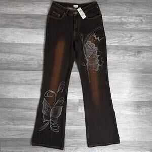 Rare NWT Cache Y2K Beaded Butterfly Jeans Flare Bootcut Brown Size 0